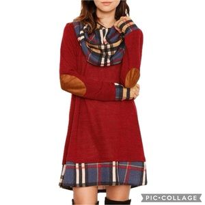 Alaster Queen Brushed Red & Plaid Contrast Cowl Neck Elbow Patch Sweater Dress